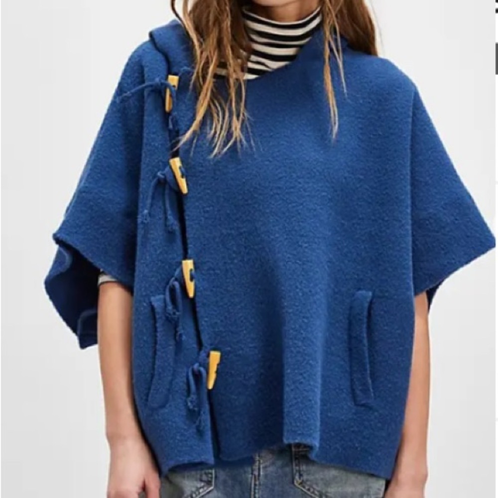 Free People Toggle Poncho Sweater-Blue- One Size